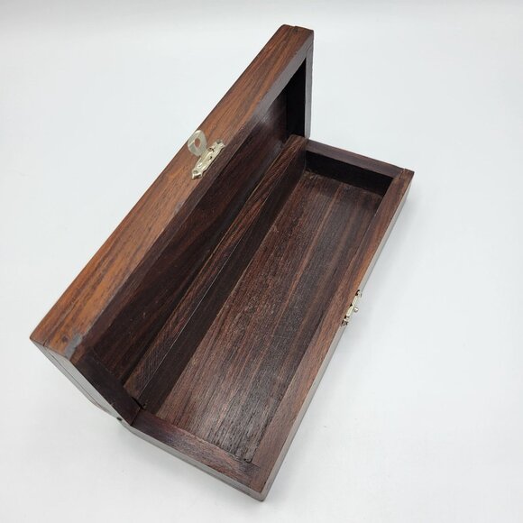 Vintage Handcrafted Wooden Jewelry Trinket Box Inlaid Peacock Design Metal Latch - Picture 9 of 16